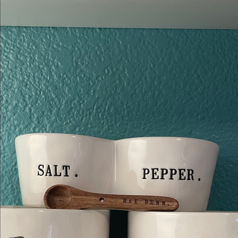 Rae Dunn White Salt and Pepper Set with Wooden Spoon